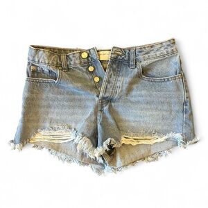 Banjara Light Blue Button Fly Cotton Distressed Jean Shorts with Frayed Hem